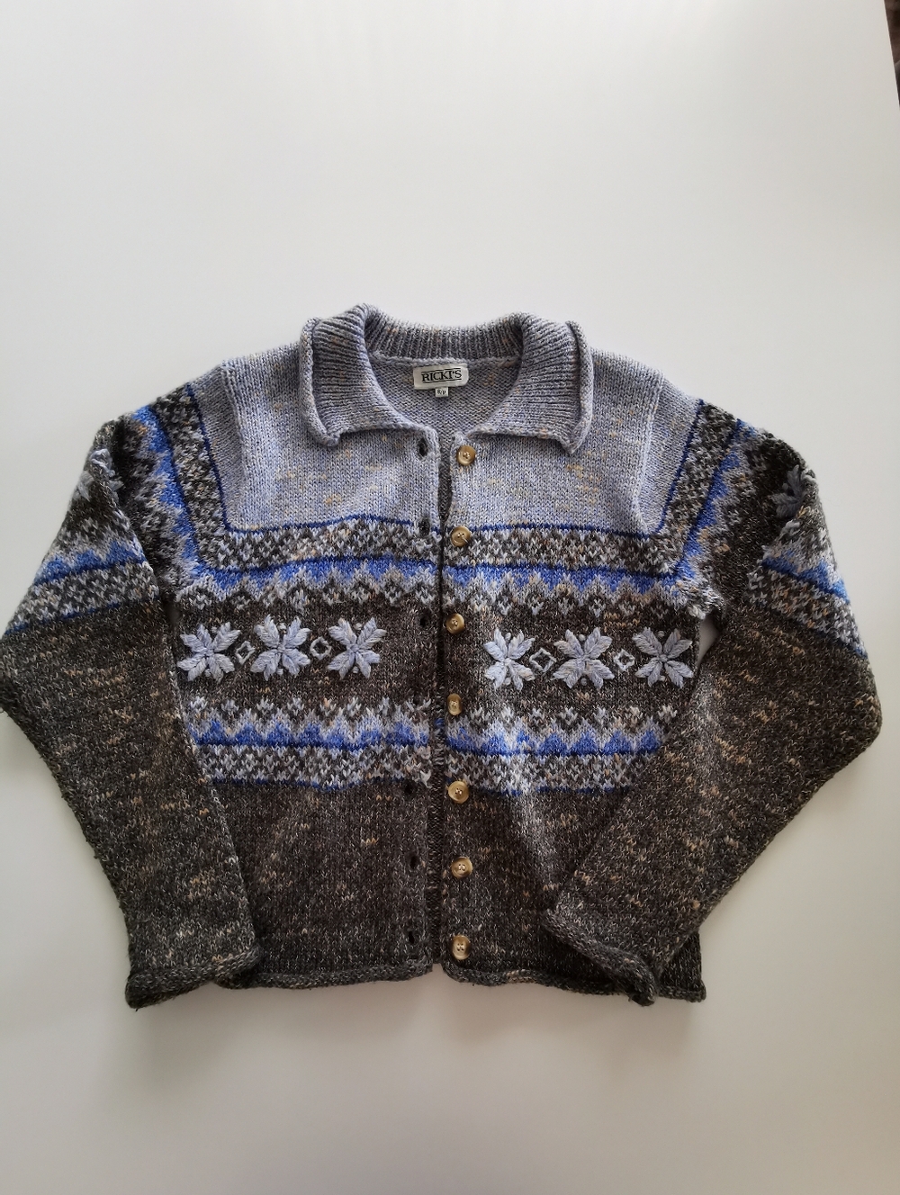 Vintage Ricki's Grey & Blue Fair Isle Button Up Collar Cardigan